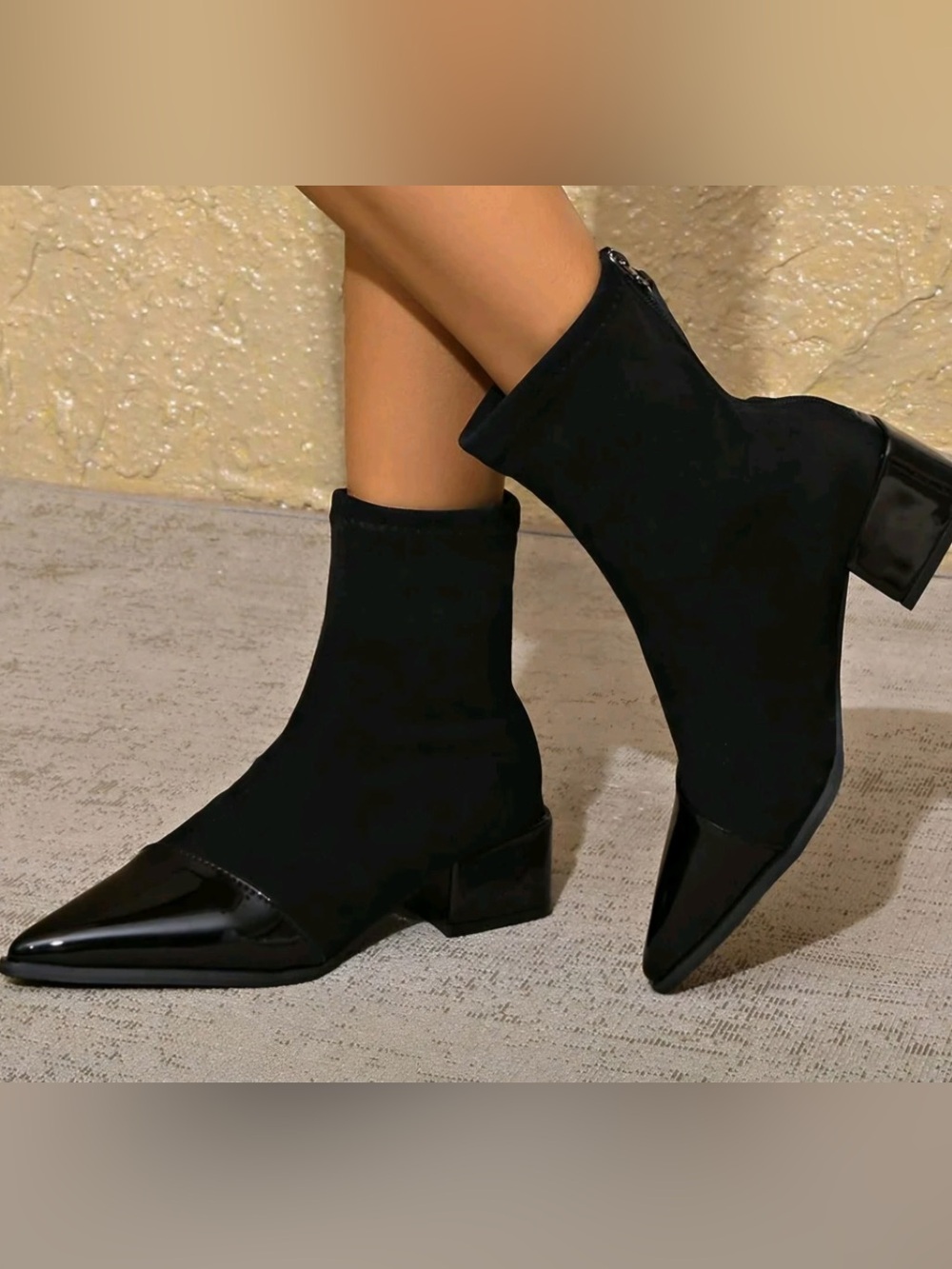 Sleek Black Pointed Toe Ankle Booties with Patent Cap